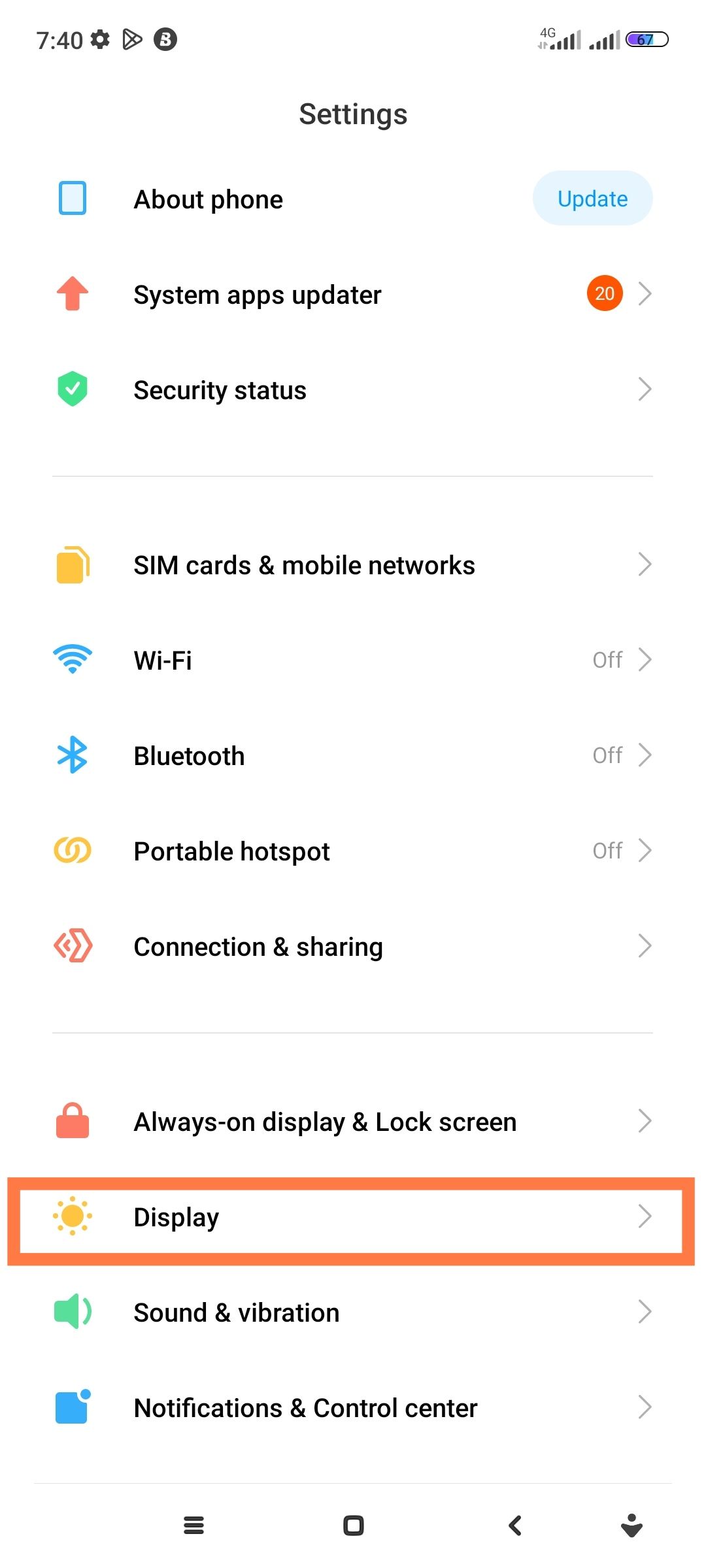 Android settings menu highlight display settings