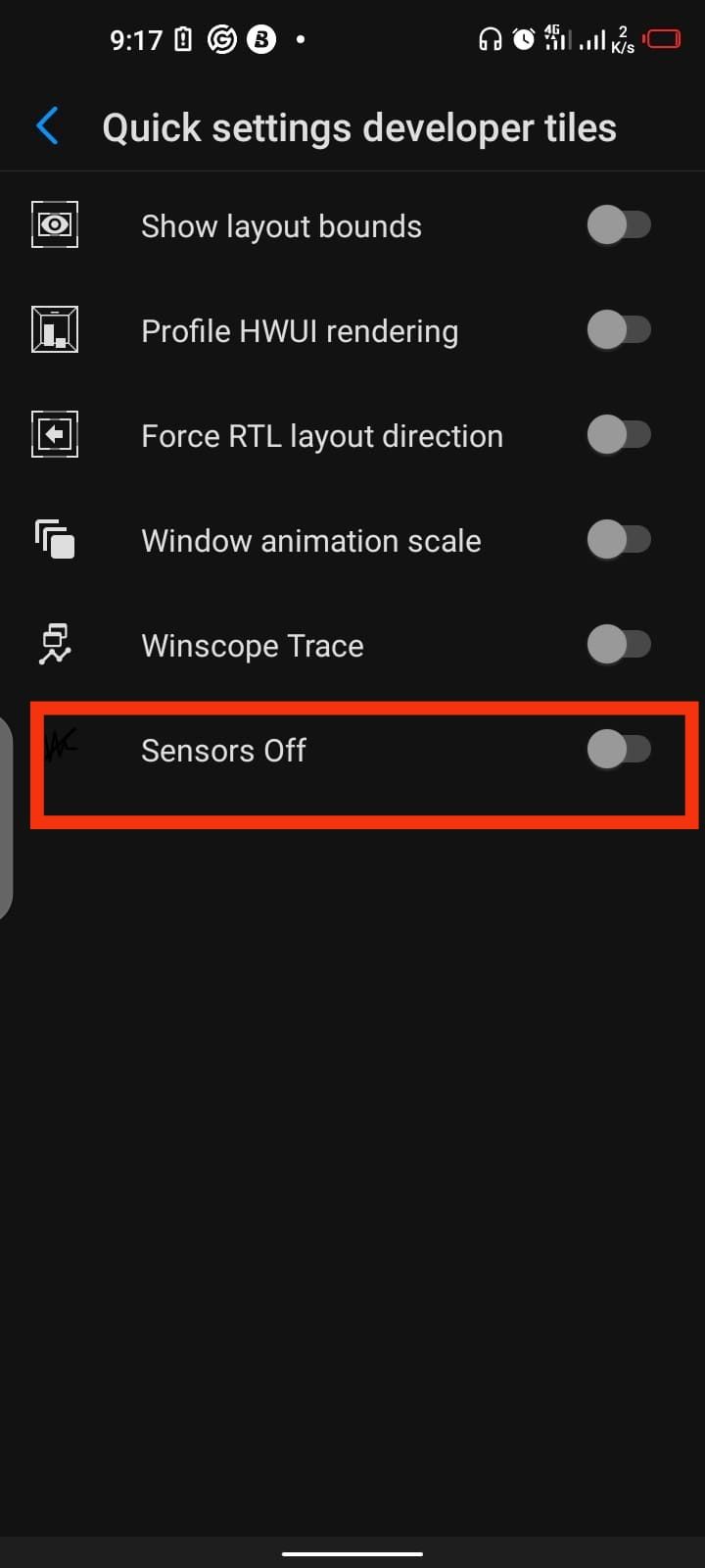 Adding sensors off shortcut to quick settings menu on Android