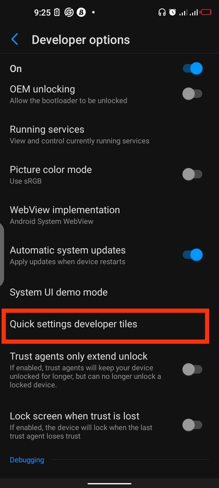 Android settings screen showing the quick settings developer tiles option