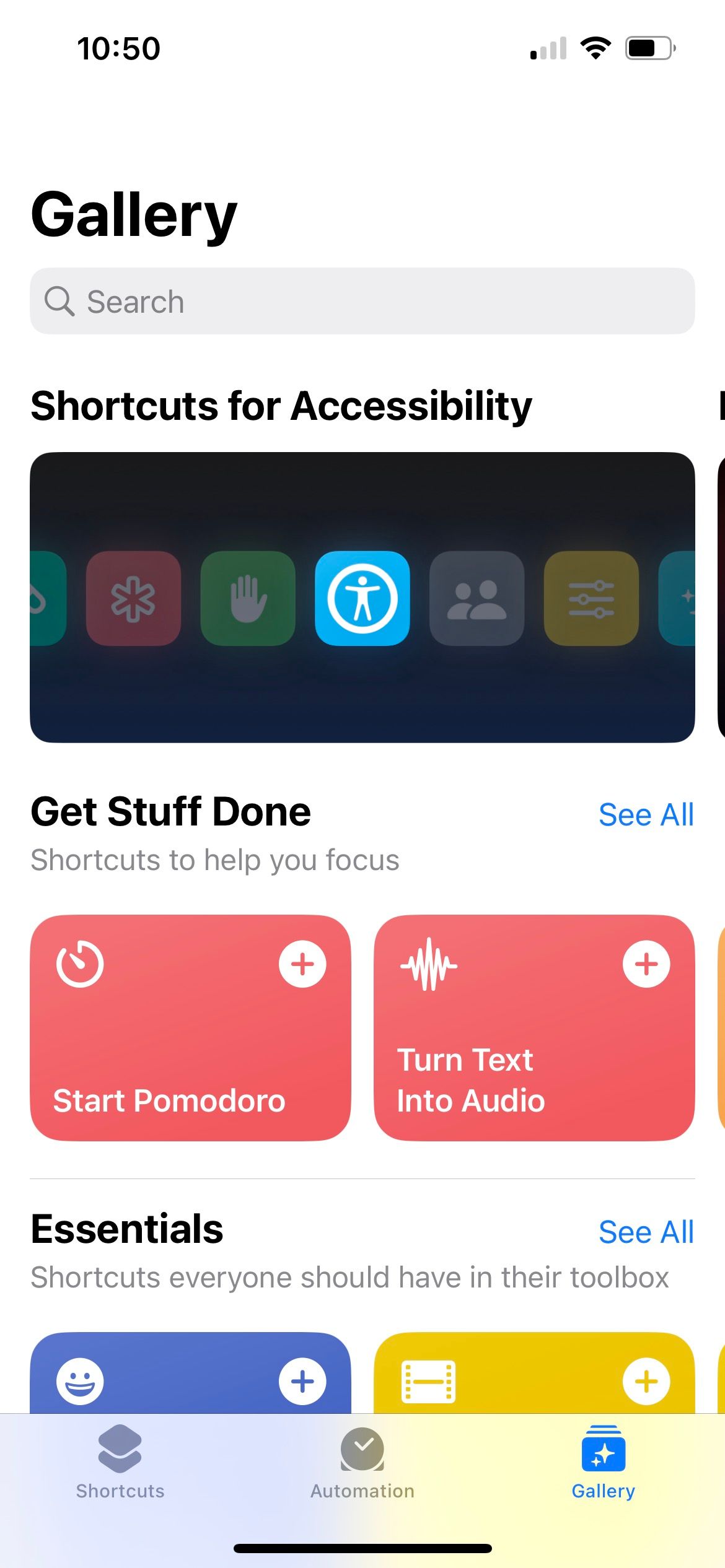 gallery tab in iphone shortcuts app 