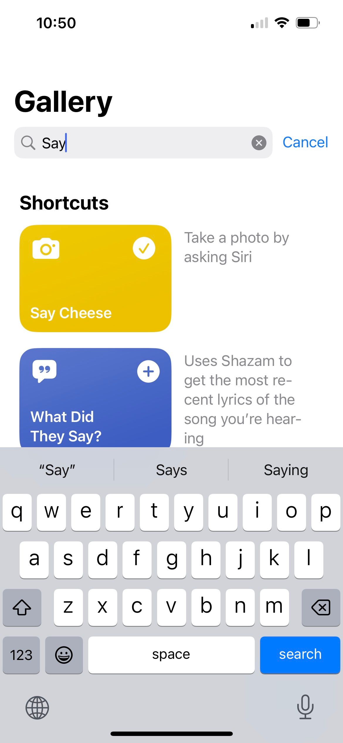 search for iphone shortcut in shortcuts app gallery tab 