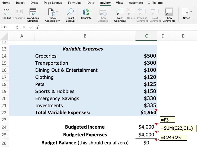 Screenshot showing income minus expenses with formula