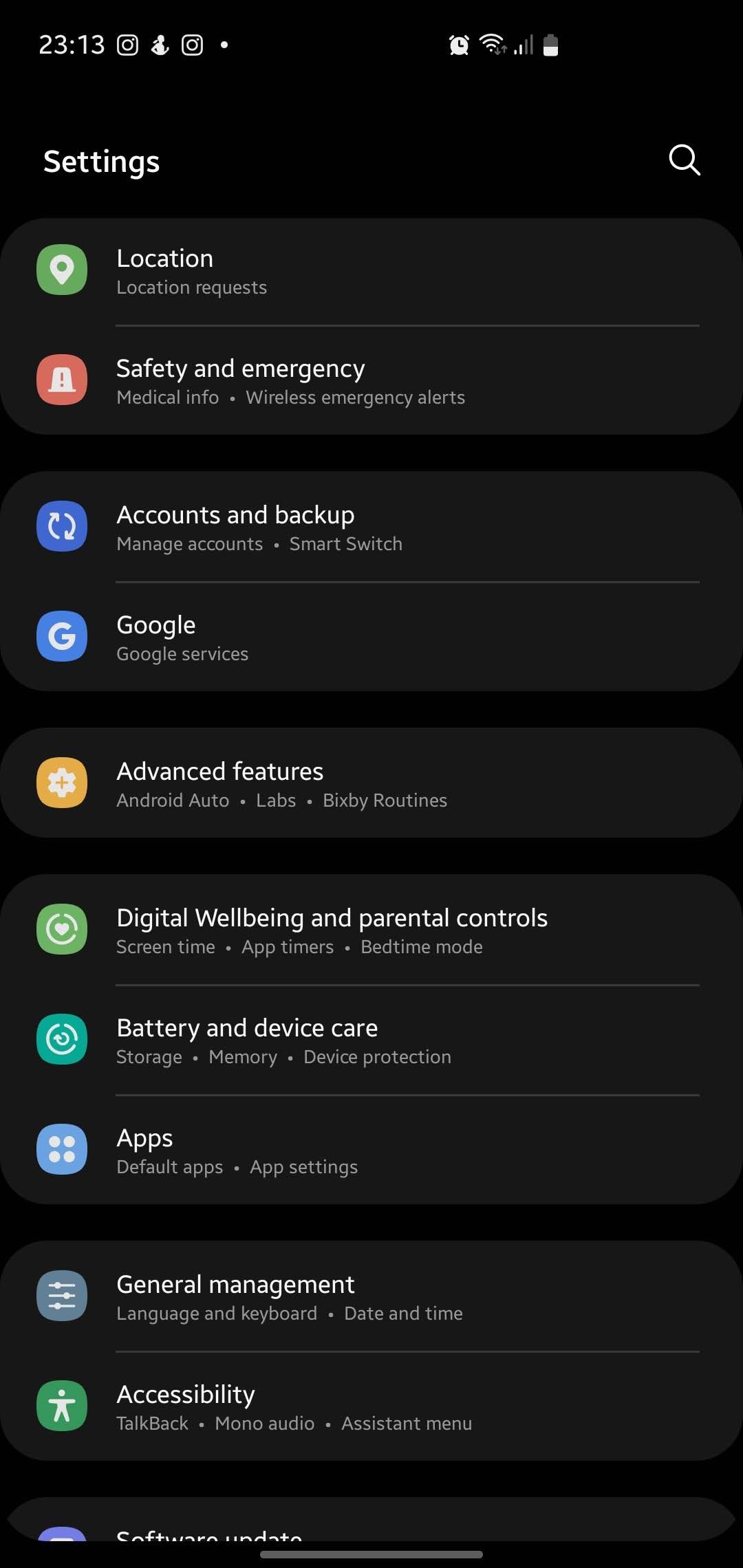 The Settings app in Samsung phone screenshot
