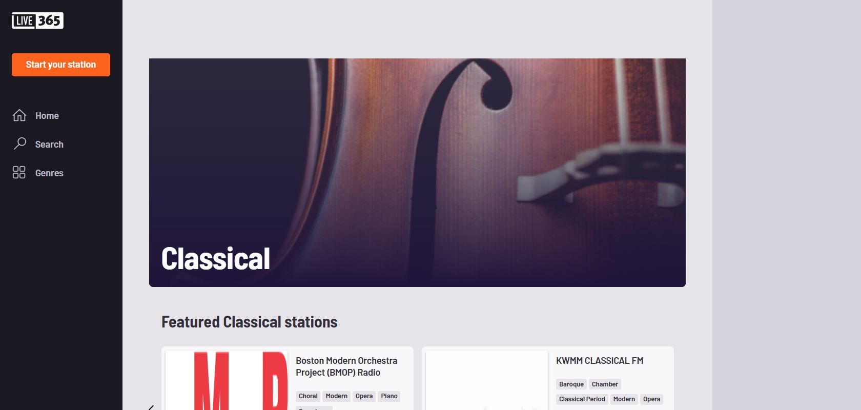 A Screenshot of Live 365 s Classical Landing Page