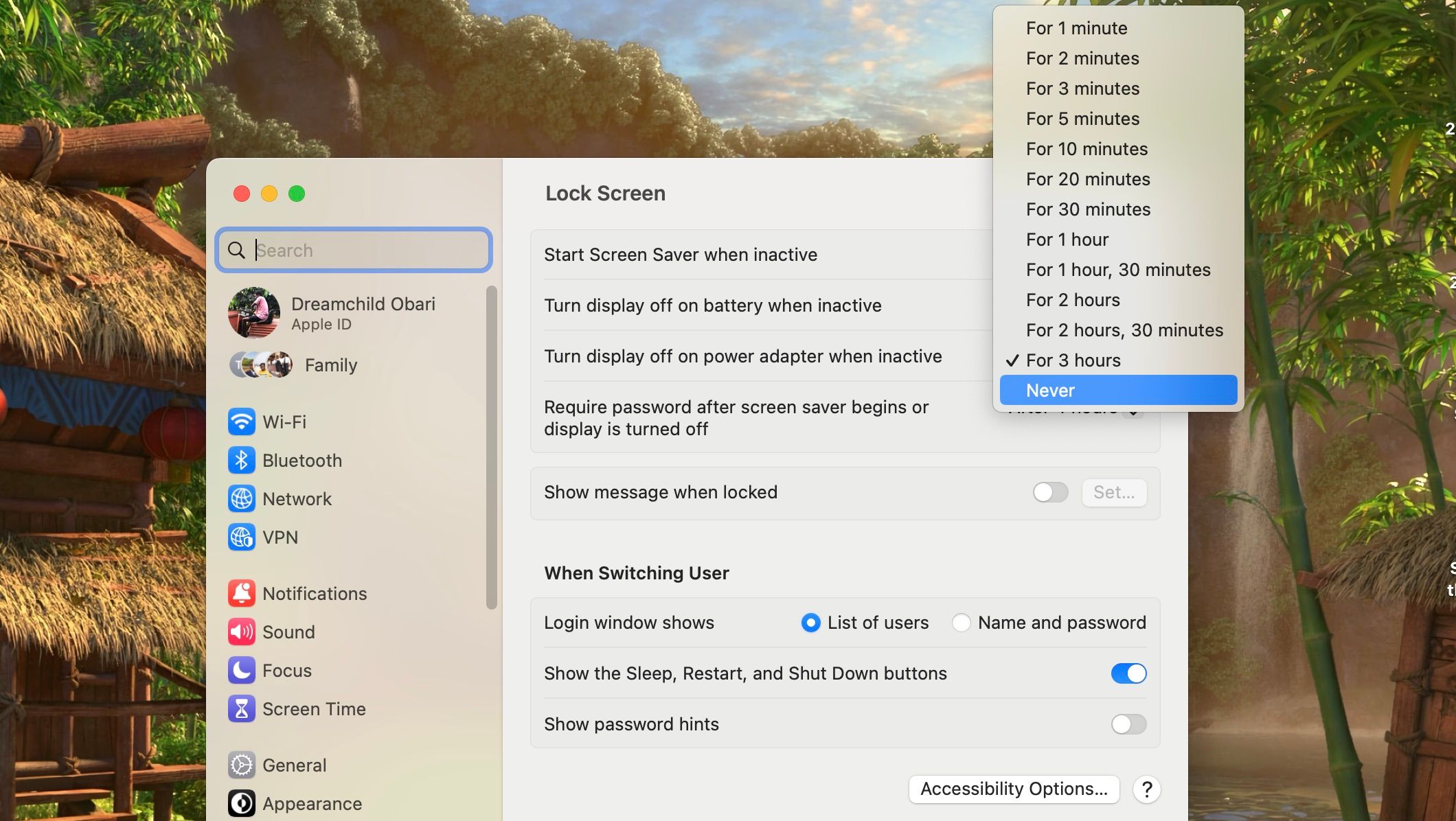 Lock screen options in the System Settings