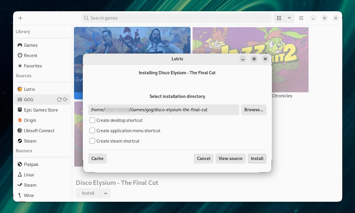 The Lutris game installation window asks to select an installation directory.