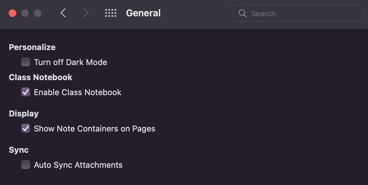 Turn off dark mode option in OneNote on macOS