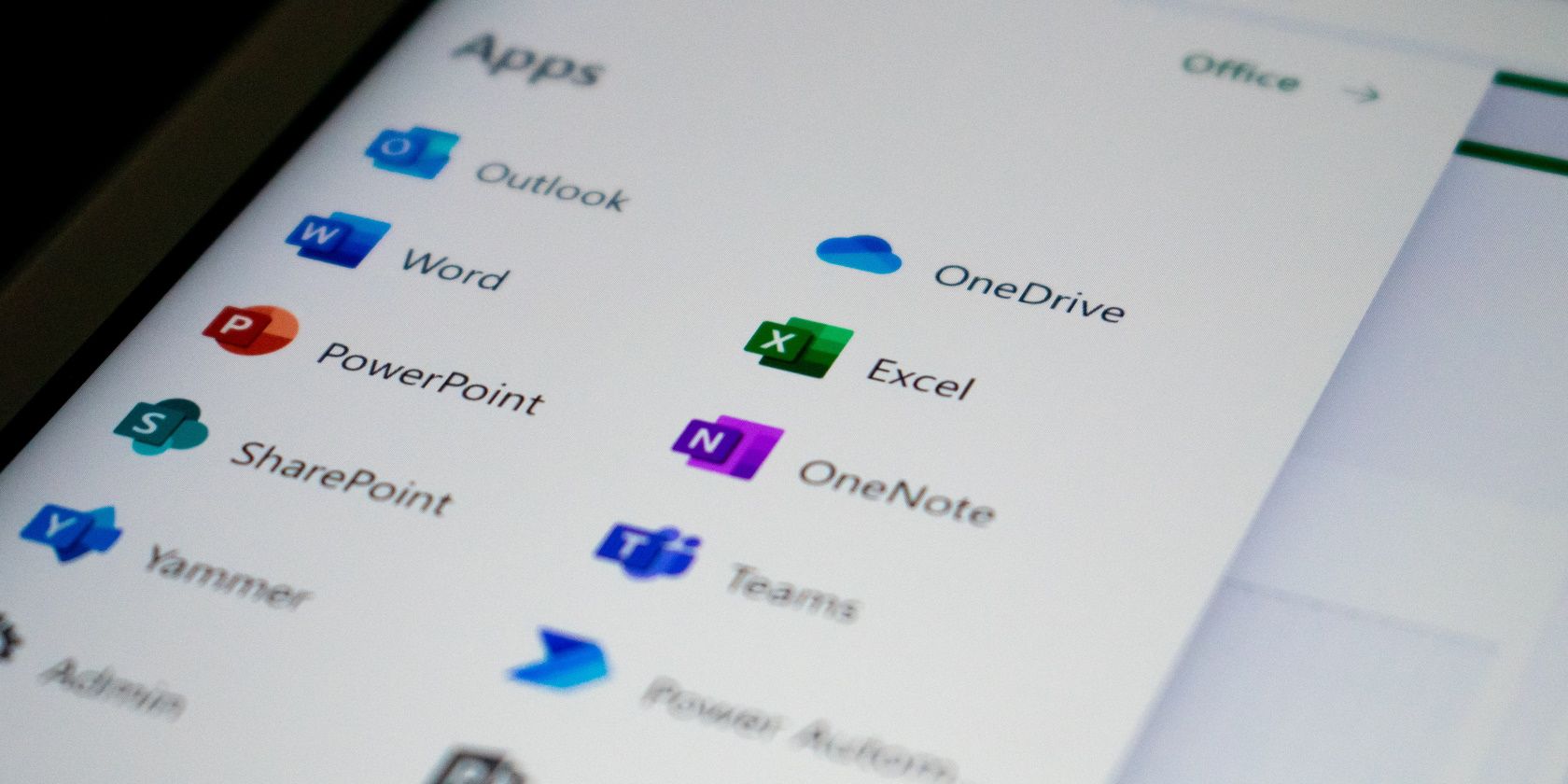 Menu with list of Microsoft apps including OneNote
