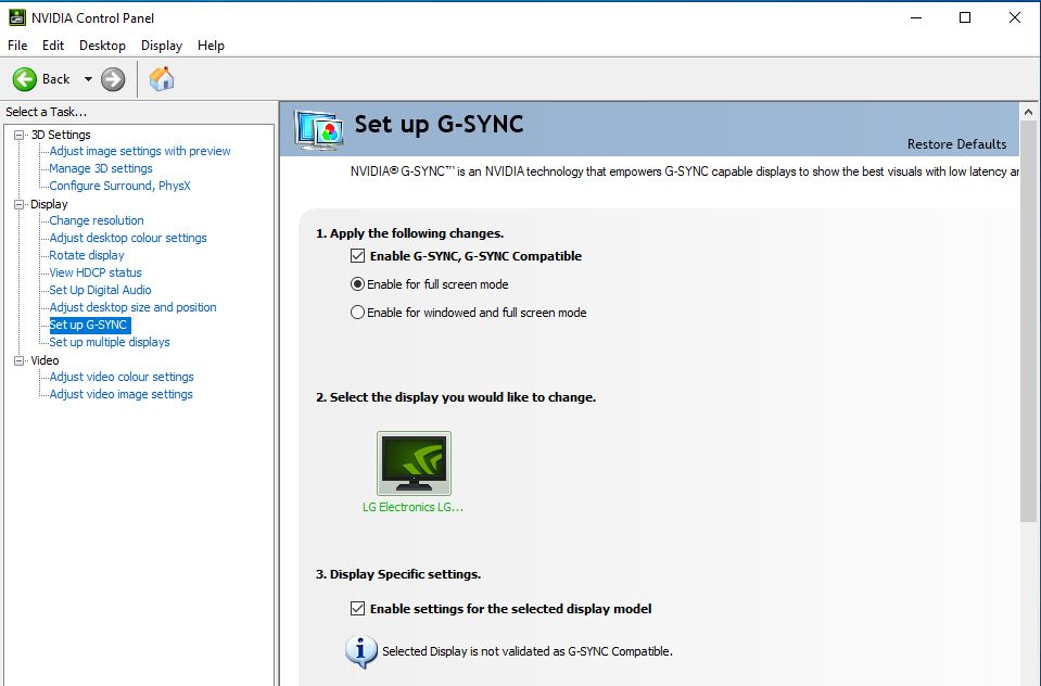 Set up G-Sync section under the Display tab (NVIDIA Control Panel)