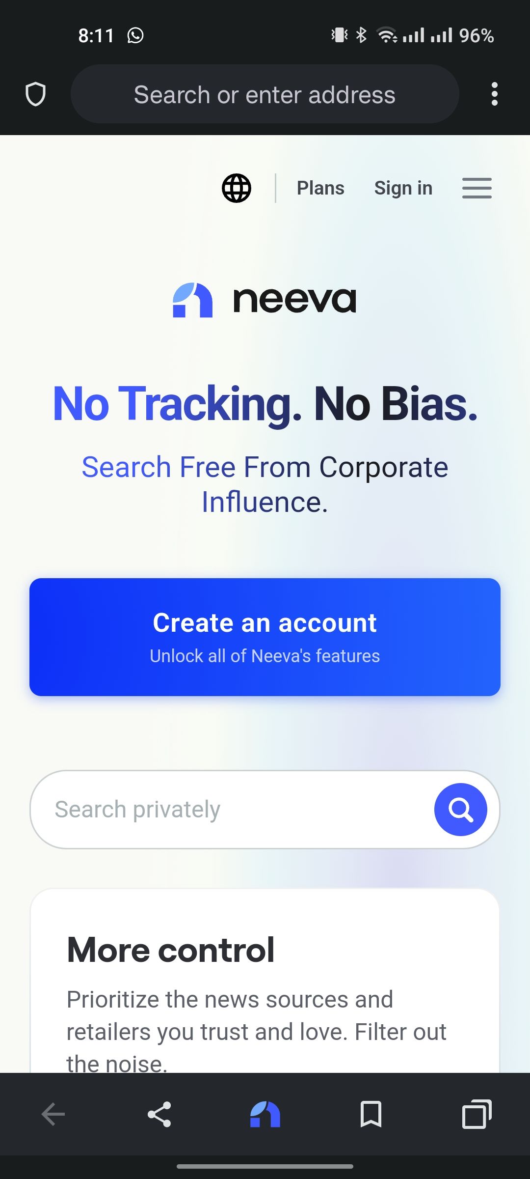 صفحه اصلی مرورگر Neeva