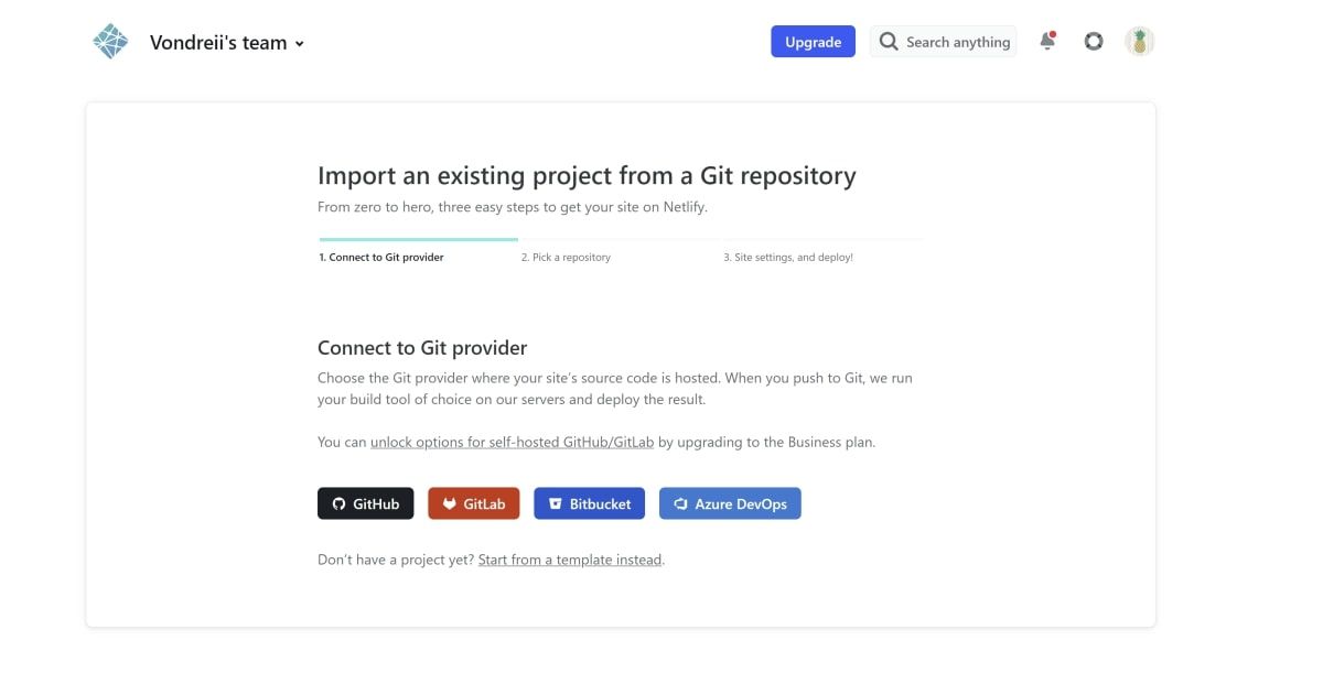 Importing Git repositories and other options on Netlify