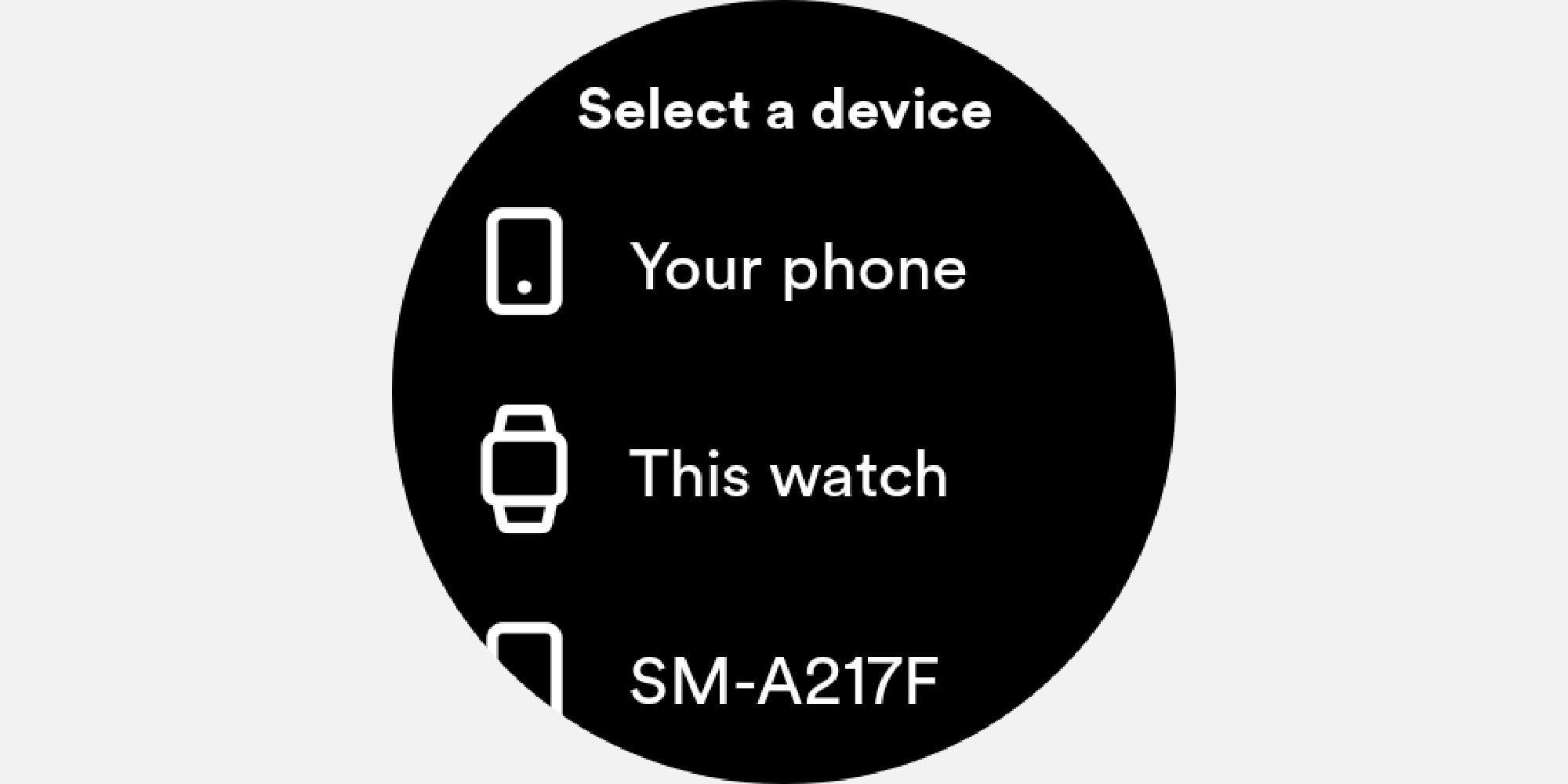 Device options in Galaxy 4 smartwatch drop drown menu