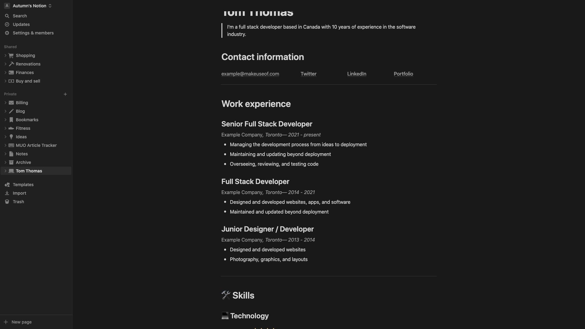 Work experience section of an online resume