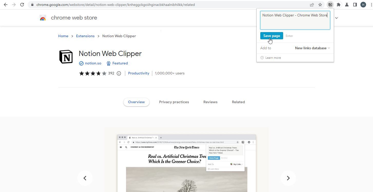 Cuplikan Layar dari Google Chrome Extension Notion Web Clipper sedang Digunakan