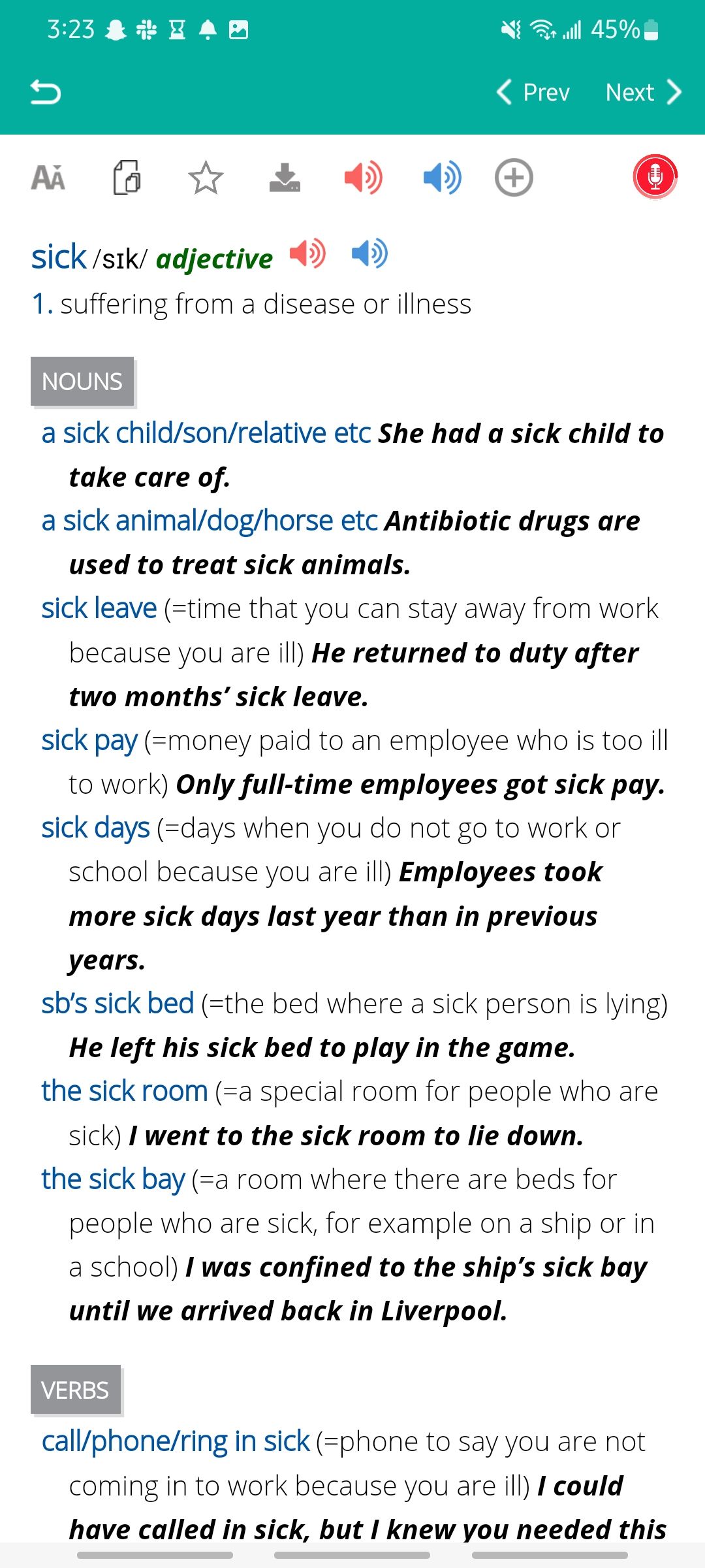 Noun and Verb collocations for the word sick in the Thesaurus Collocations app