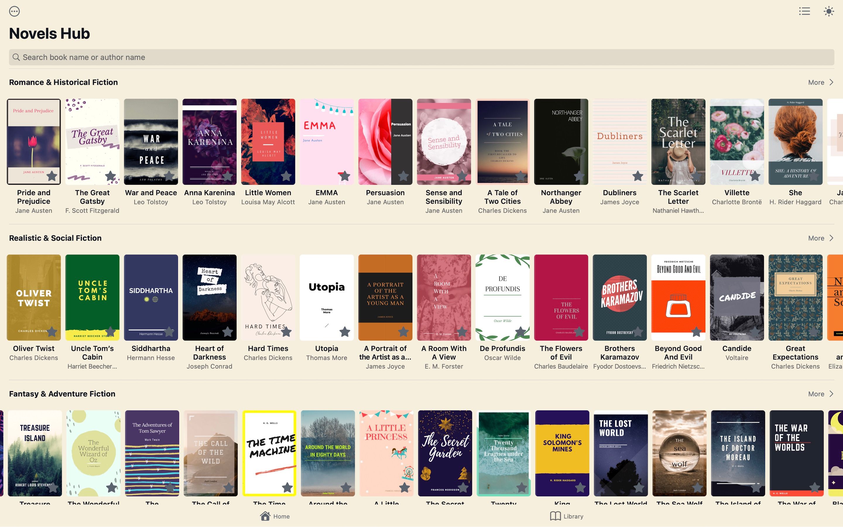 Novels Hub with rows of e-books