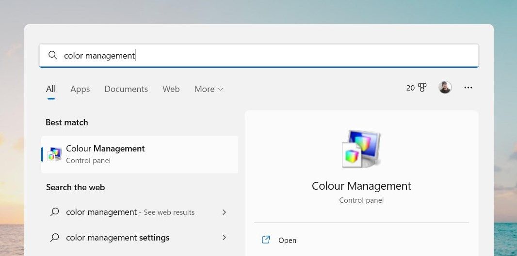 Open Color Management Using Start menu
