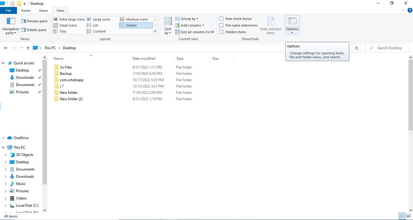 Opening Folder Options in Windows 10 File Explorer