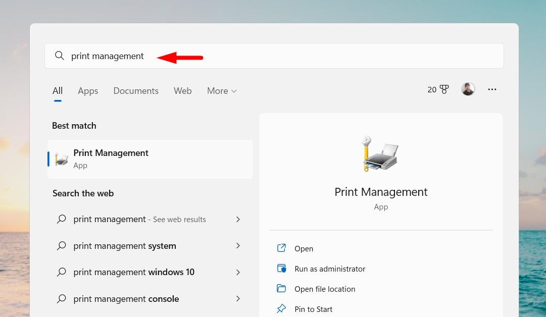 Open Print Management Using Windows Search