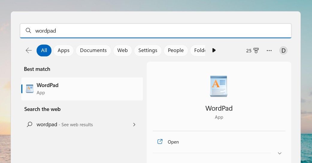 Open WordPad using the search tool