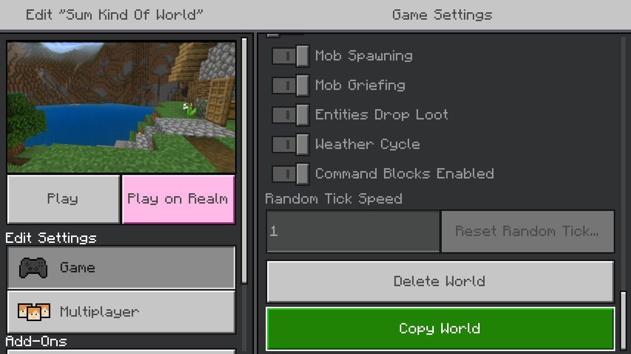 Open Minecraft world settings and select copy world