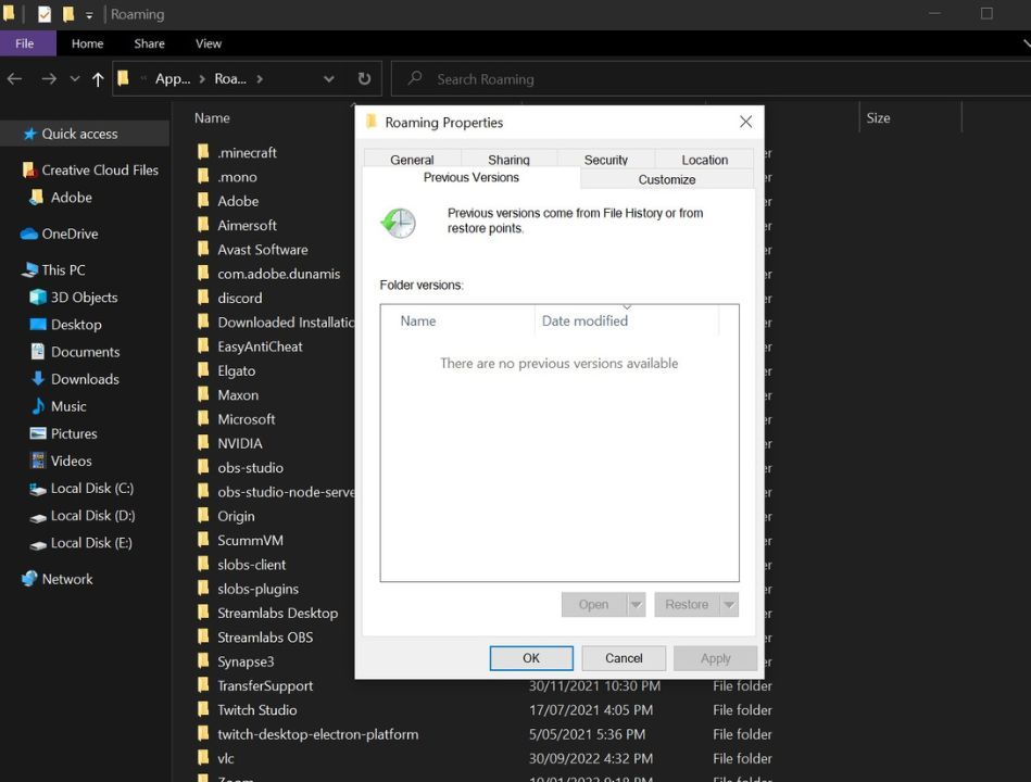 Open properties of your Minecraft folder and open previous versions tab
