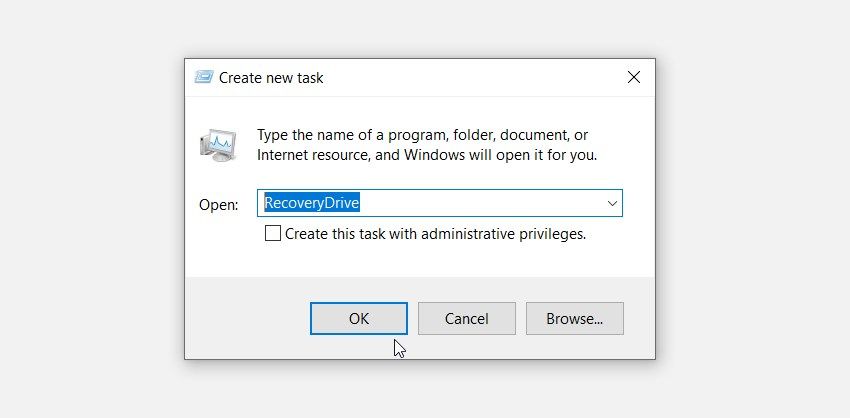 باز کردن برنامه Recovery Drive با استفاده از Task Manager