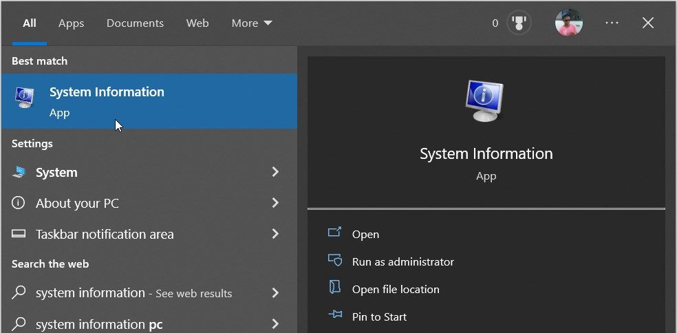 Opening the System Information tool using the Start menu search bar