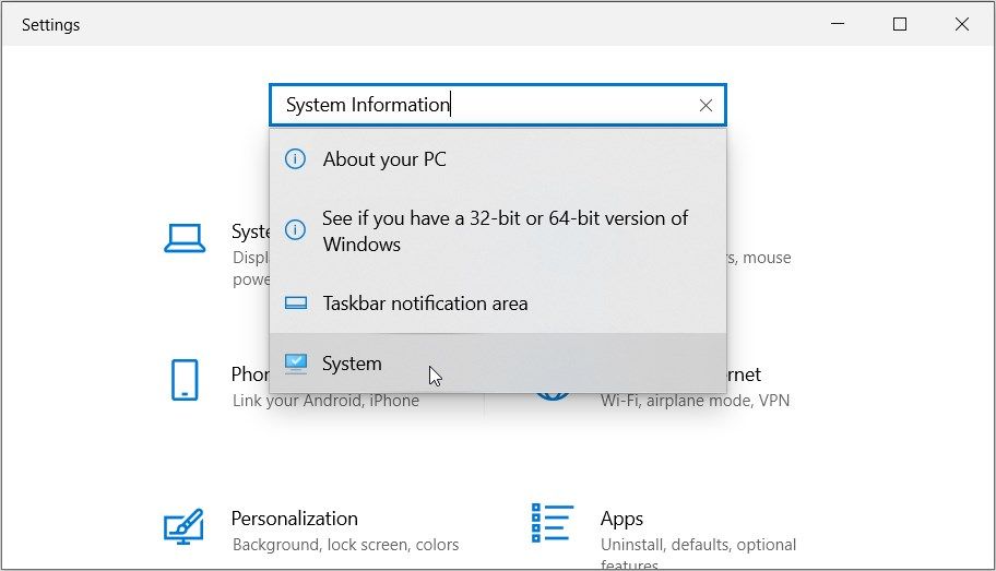 Opening the System Information tool using the system settings