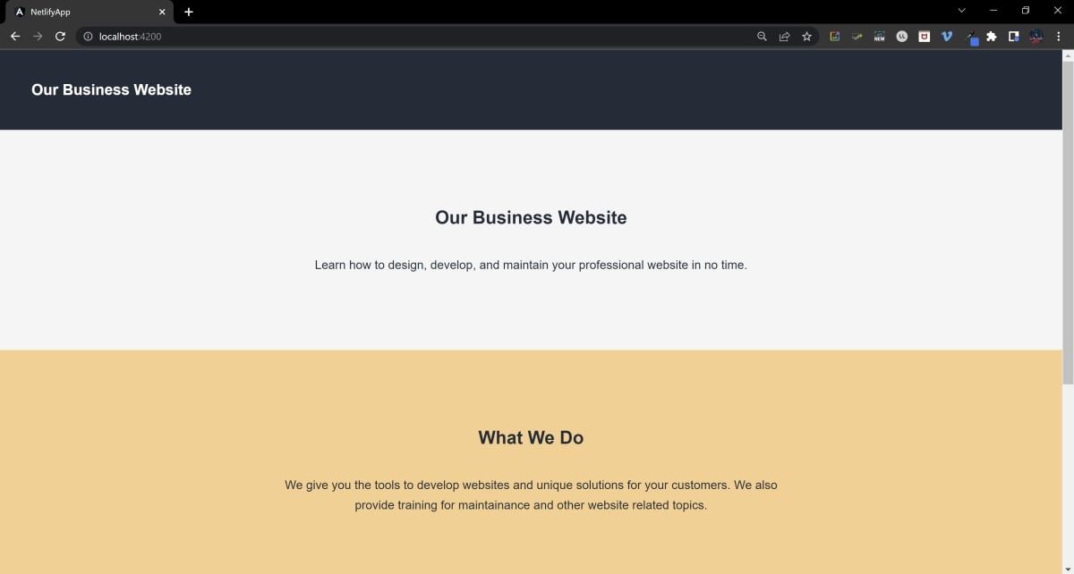 Aplikasi Angular situs web bisnis kami di Chrome