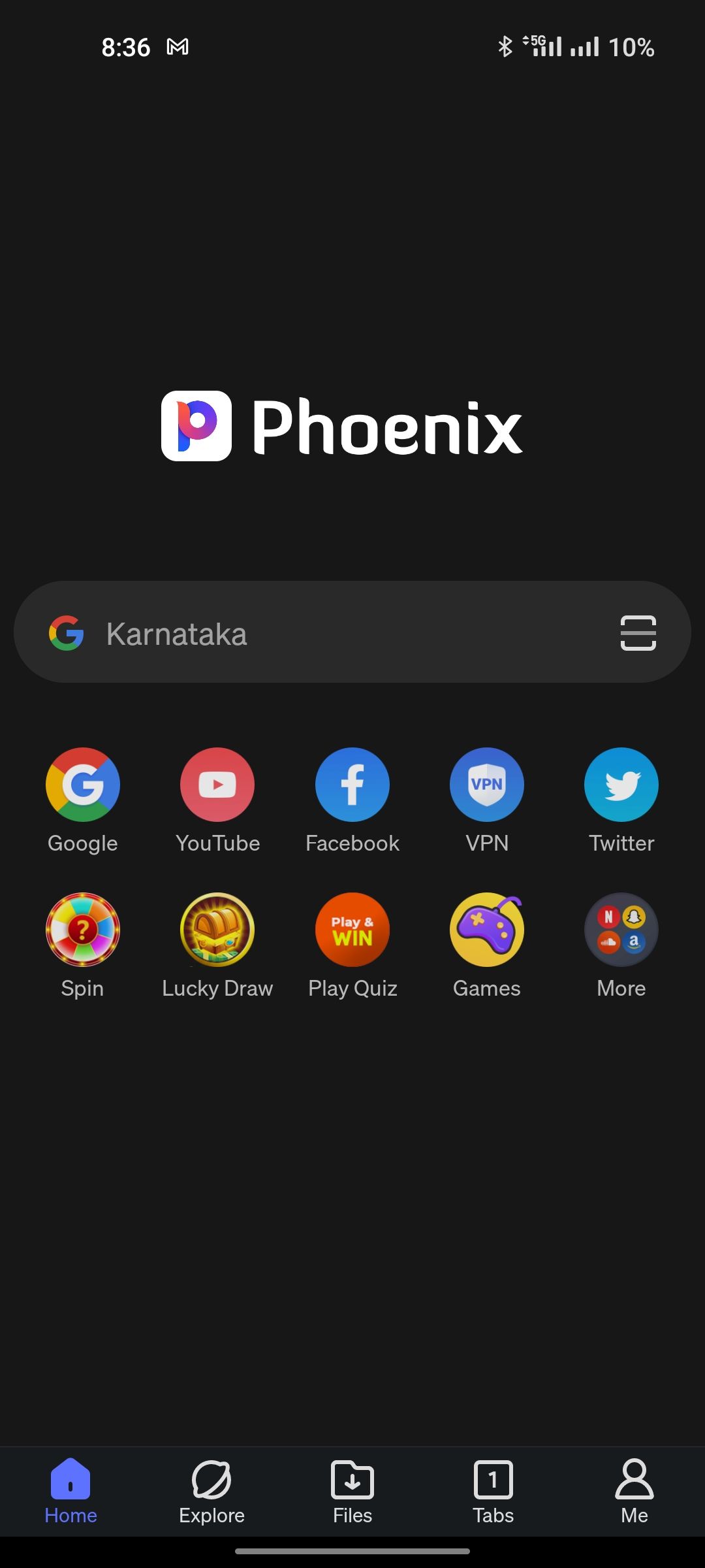 Phoenix Browser dashboard with quick links