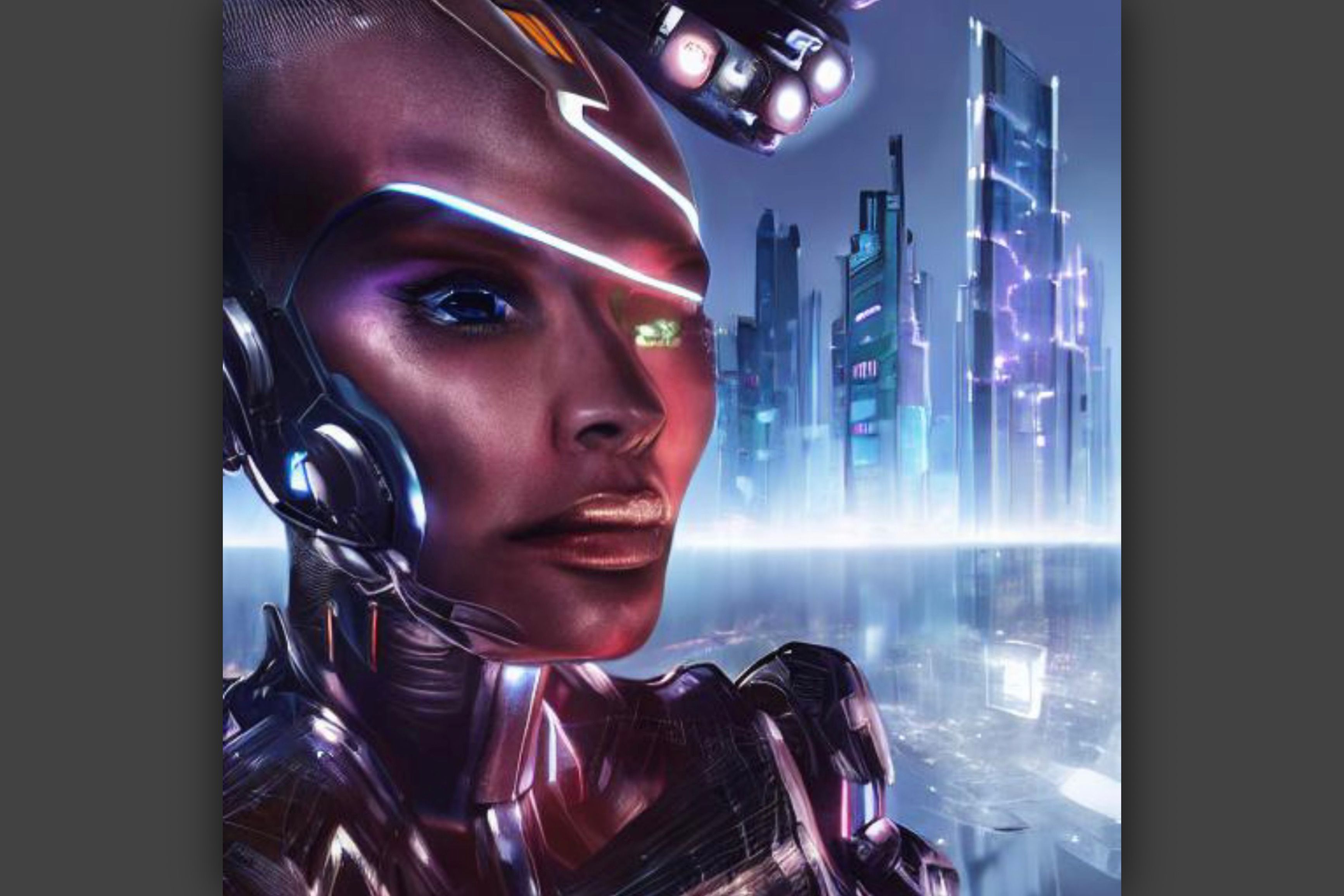Potret wanita cyborg berkulit coklat di kota futuristik memandang ke kejauhan