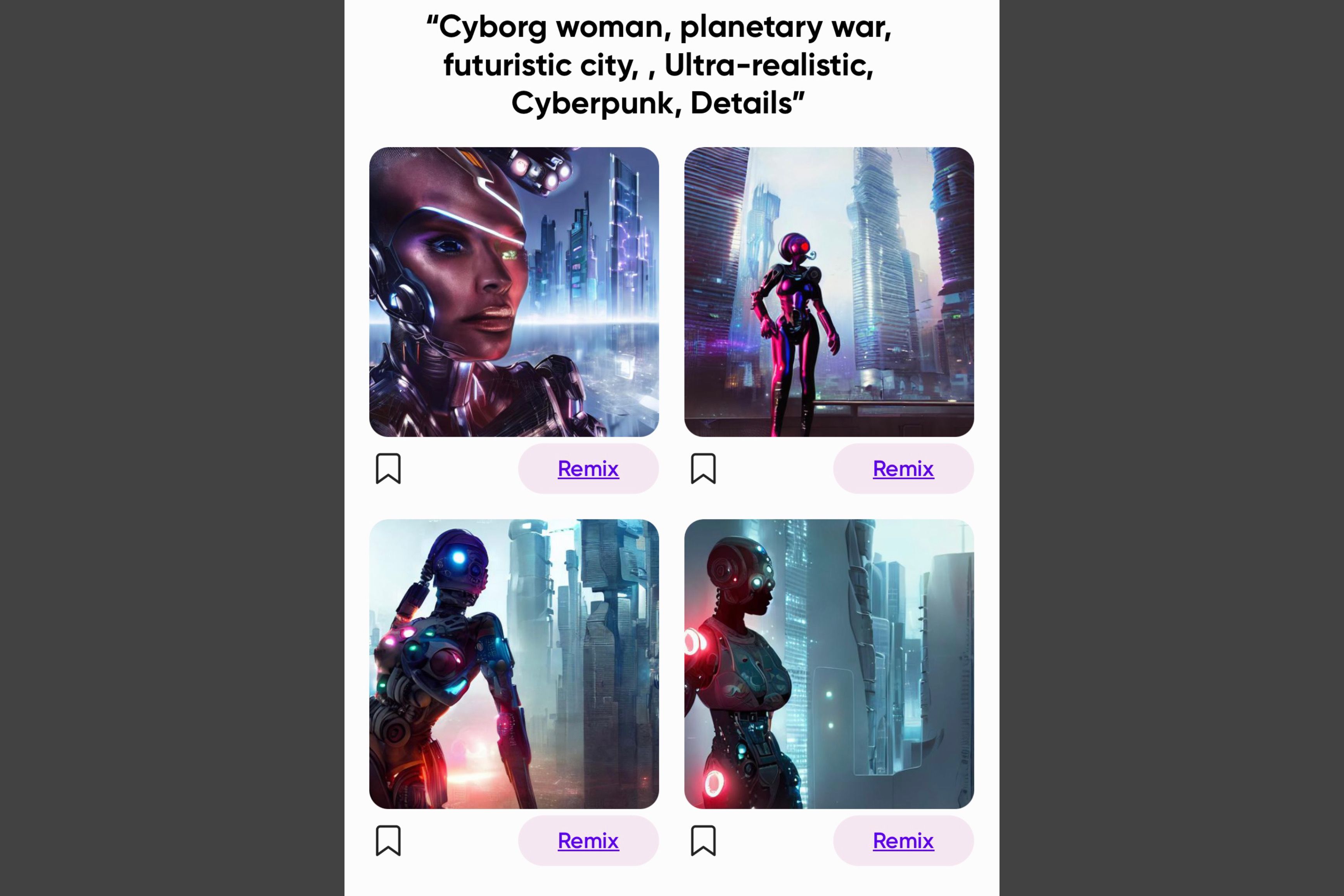 Empat gambar berbeda dari seni buatan AI yang menunjukkan wanita cyborg di kota futuristik