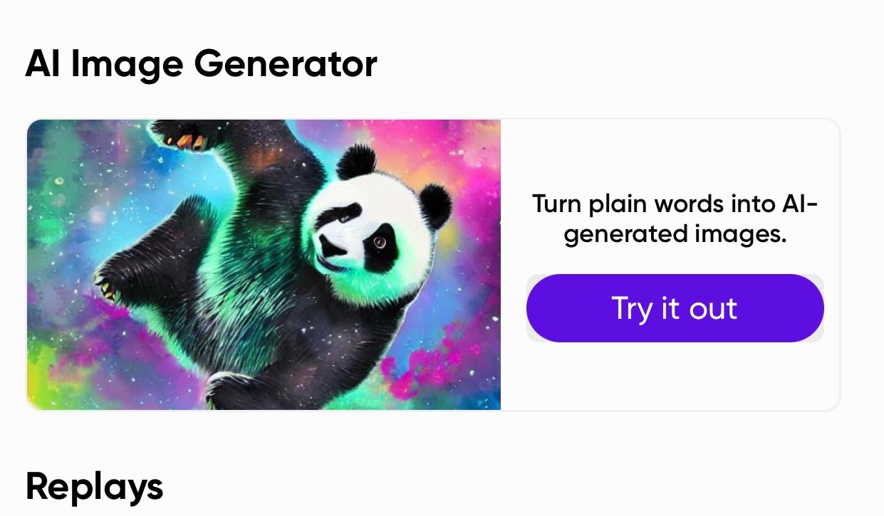 Panda bahagia mengambang di luar angkasa di sebelah tombol 'Cobalah' untuk Pembuat Gambar AI PicsArt