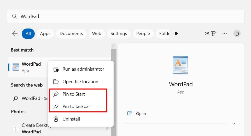 WordPad را به نوار وظیفه پین ​​کنید