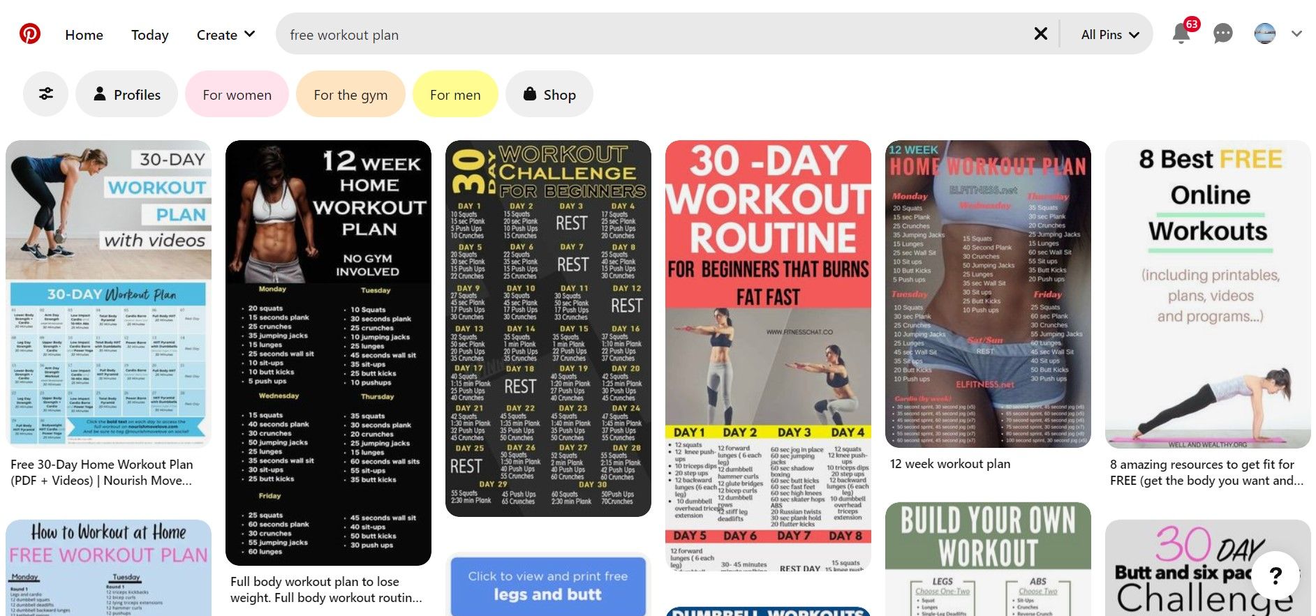 Screenshot of Pinterest search: free workout plans