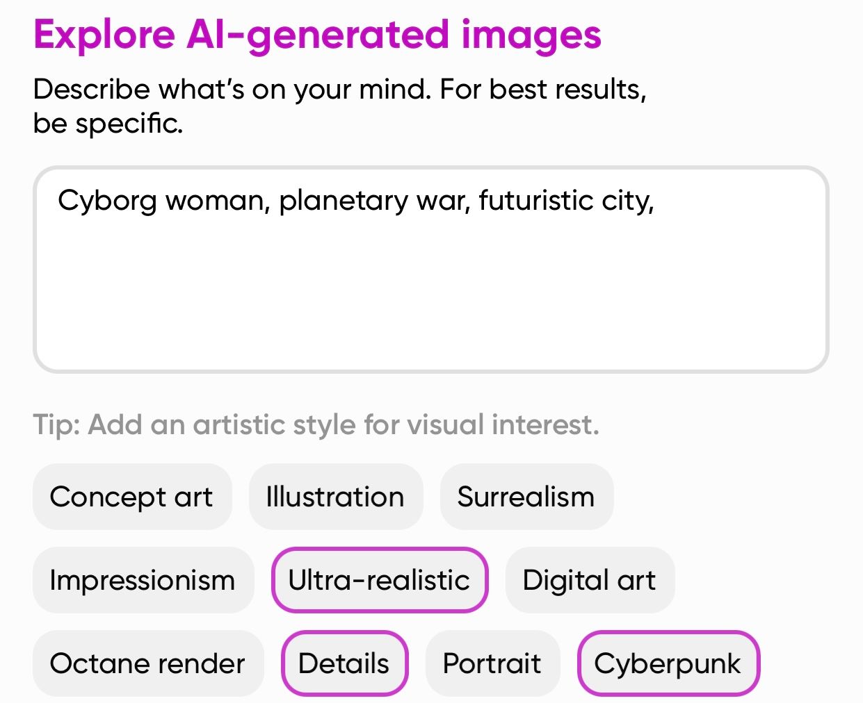 Teks yang berbunyi: Wanita cyborg, perang planet, kota futuristik, dalam kotak teks untuk gambar yang dihasilkan AI