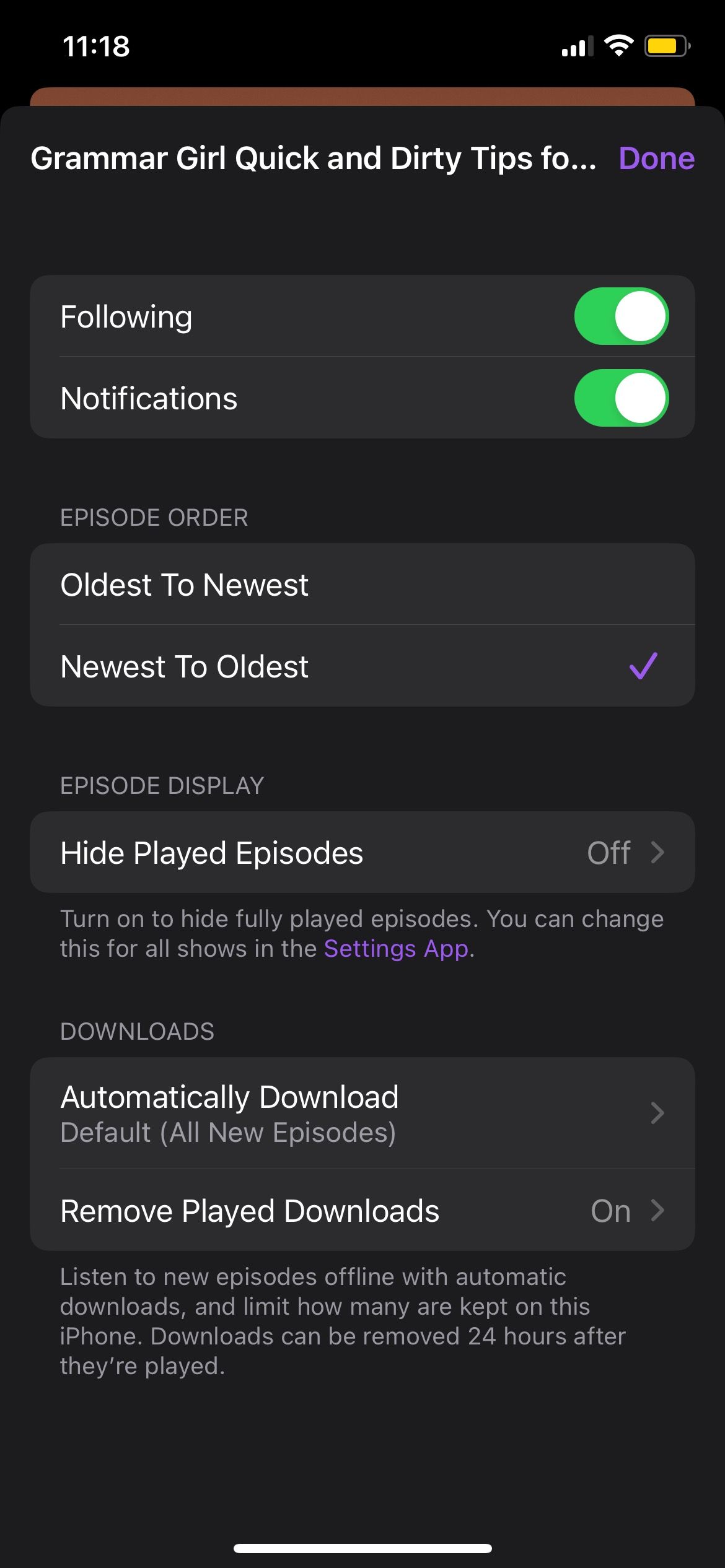 Podcasts shows Settings iPhone
