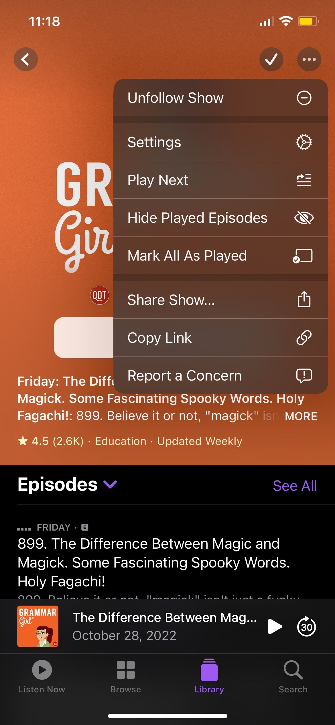 Podcasts shows options menu
