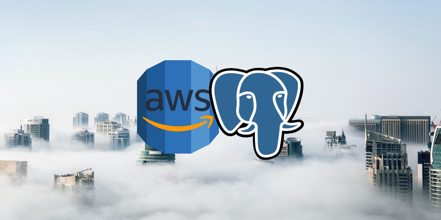 Logo AWS di sebelah logo gajah Postgres, melayang di atas awan dengan puncak gedung pencakar langit hampir tidak terlihat