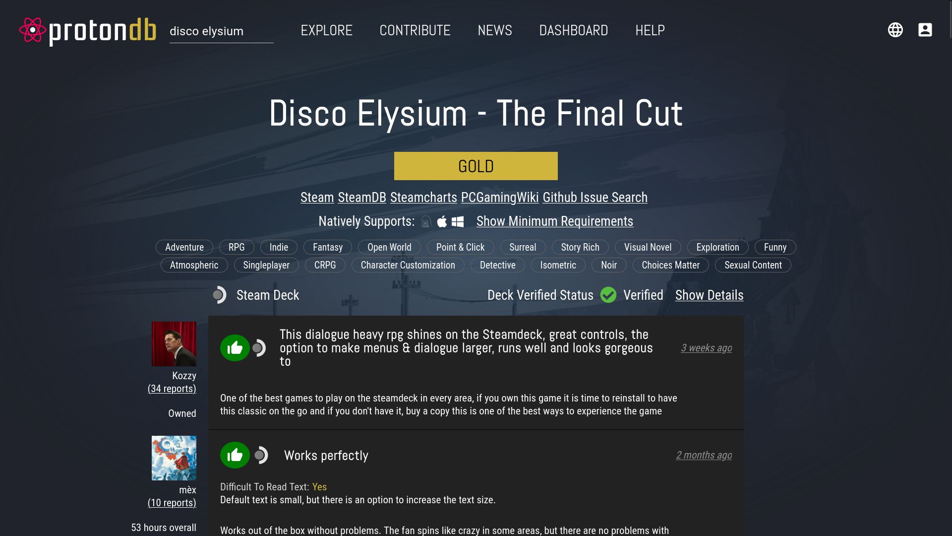 Disco Elysium page of the ProtonDB site