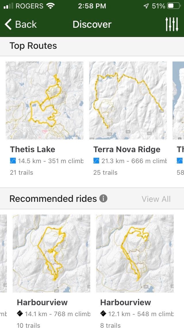 Results of trail recommendation on Trailforks app