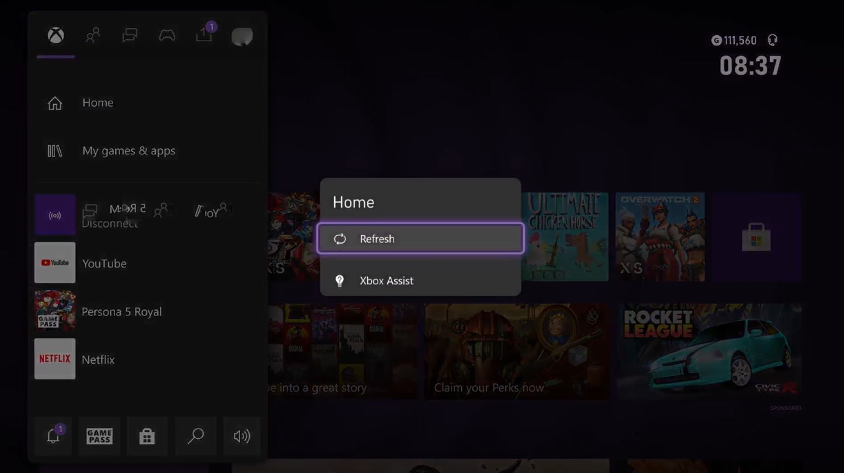 A screenshot of the options available for an Xbox Home screen through the guide menu with refresh highlighted