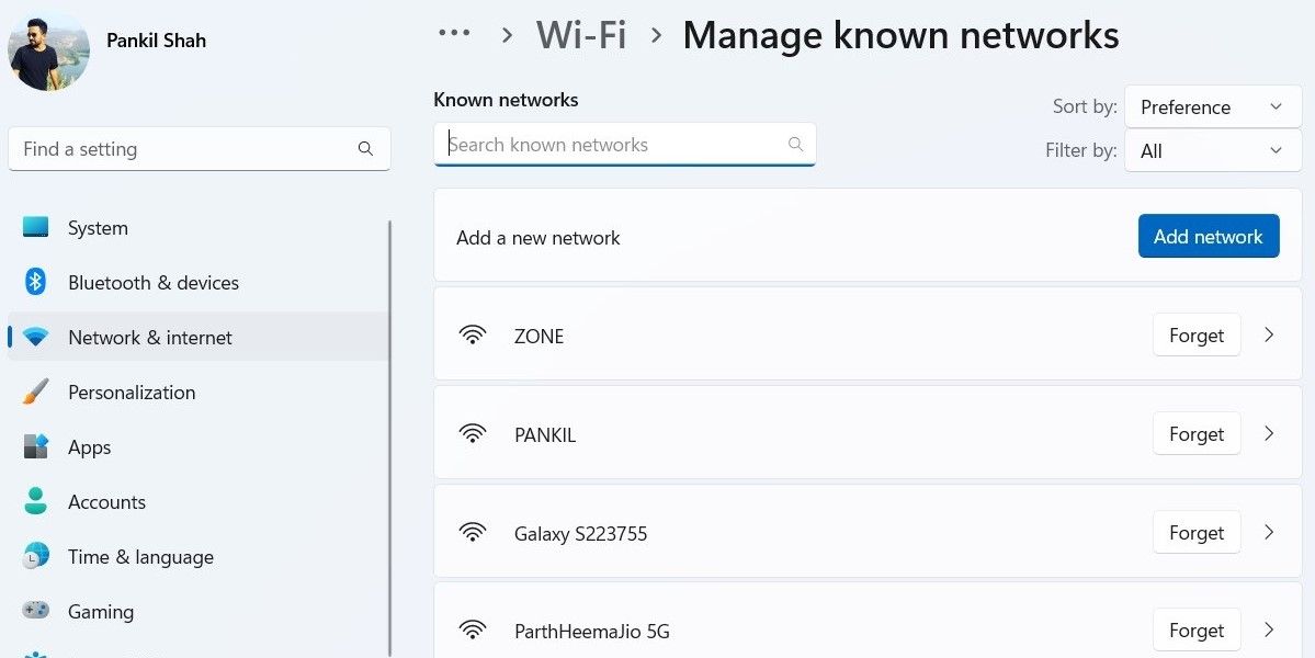 Remove Wi-Fi network in Windows from the settings app