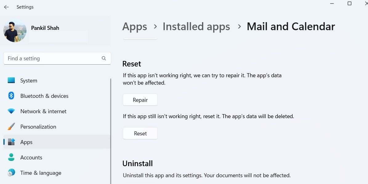 Reparar o restablecer la aplicación de Windows Mail