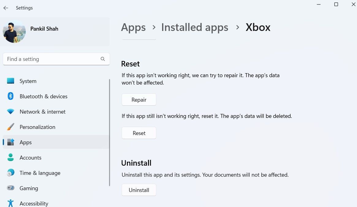 Repair or reset Xbox software on Windows