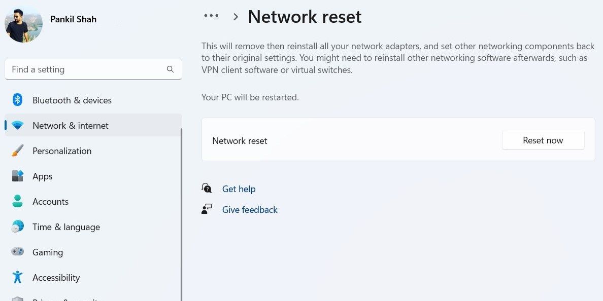 Reset network settings in windows