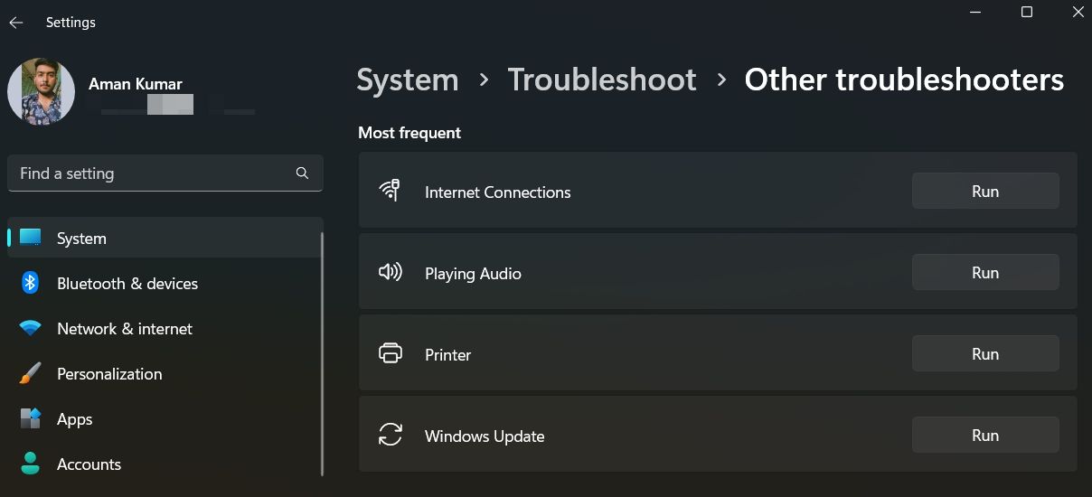 Run Troubleshooter option in Settings