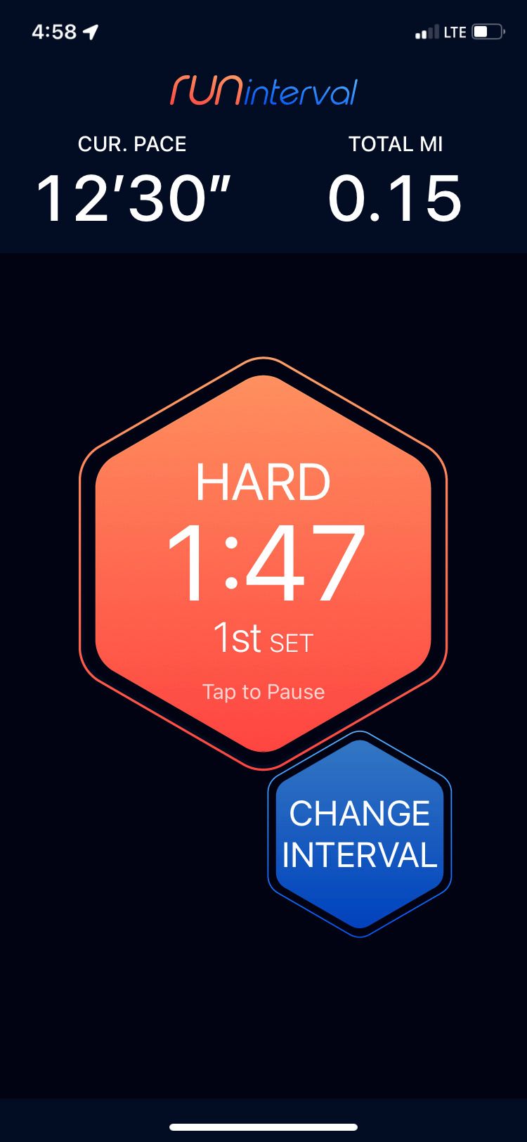 Run interval app screen while running
