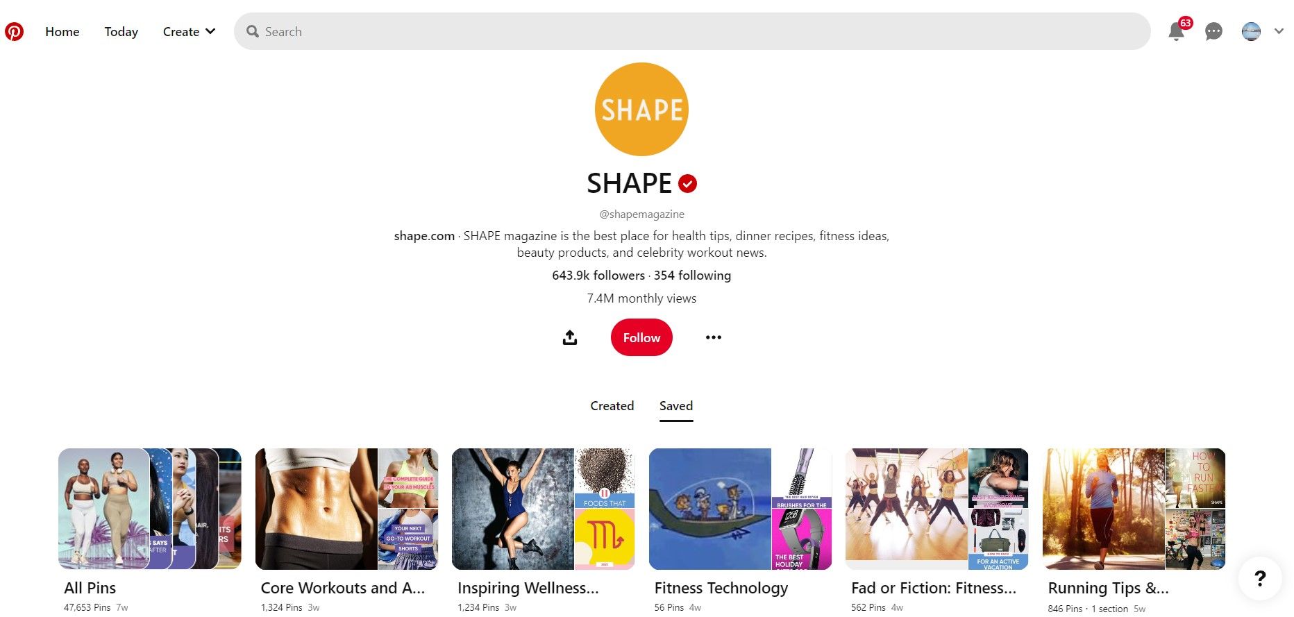 screenshot of SHAPE magazine Pinterest board